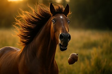 Obraz premium Brown Horse Running in Field at Sunset with Flowing Mane