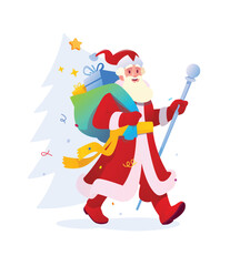 Illustration of a cheerful Santa Claus. Vector. Saint Nicholas with a bag of gifts and a staff. Russian Santa Claus in a red suit, the character of the New Year. A mascot for design projects.