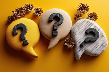 Three question mark speech bubbles on a yellow background