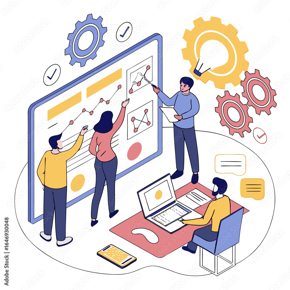 Poster team collaboration and strategy session with charts gears and technology in a modern workspace setti