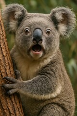Naklejka premium Koala Bear Clinging to Tree Trunk in Natural Forest Environment