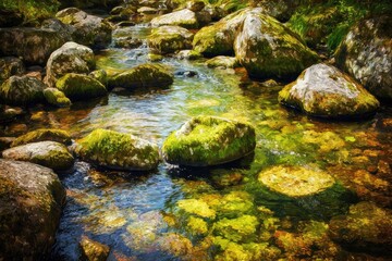 Clear stream flowing over mossy rocks