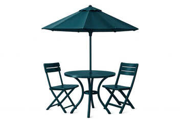 Round bistro table with two chairs and a parasol, creating a cozy outdoor dining setting, isolated on a transparent background