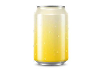 A yellow soda can covered in droplets on a white background with shadows