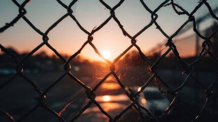 Sunset reflecting on wet asphalt seen through a wire mesh fence