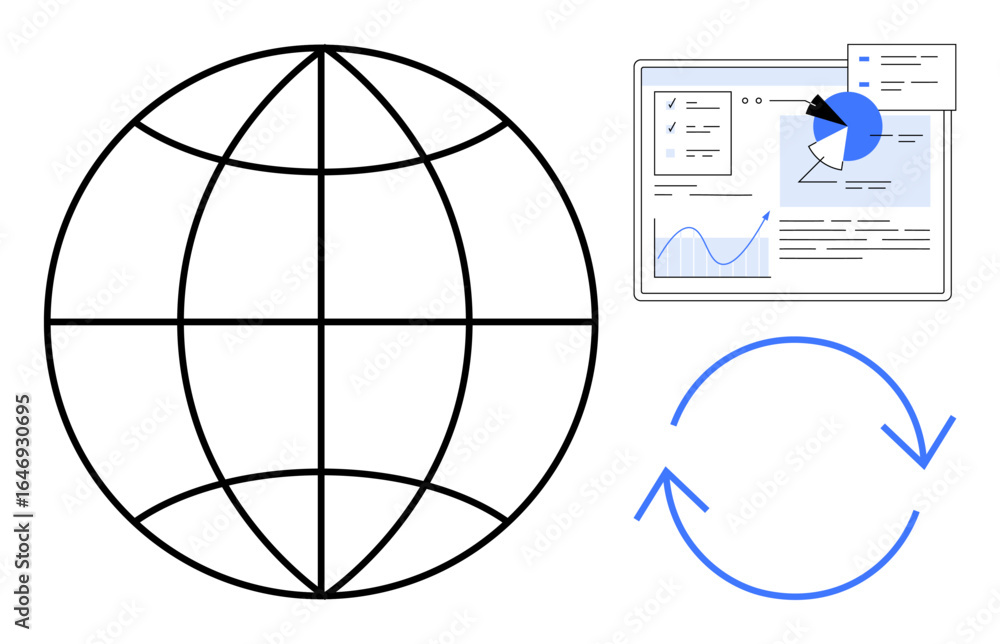 Poster globe design, data dashboard, and refresh icon. ideal for global analytics, data sharing, workflow a