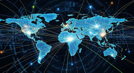 Glowing blue digital world map with interconnected data streams and bright lights symbolizing global connectivity