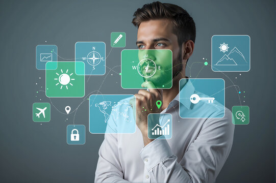 Man contemplating digital interface with travel and business icons