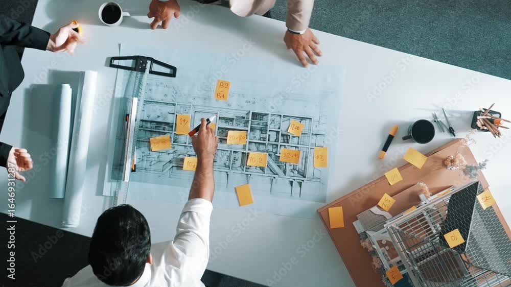 Poster top down view of architect engineer writing building structure idea on note and stick on blueprint. 