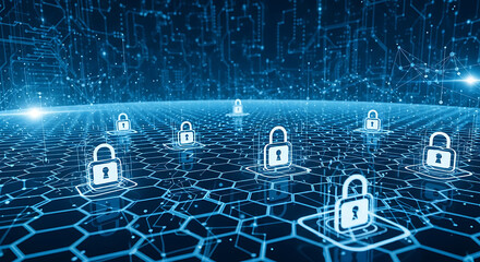 Digital security concept with glowing padlocks on a futuristic hexagonal network grid