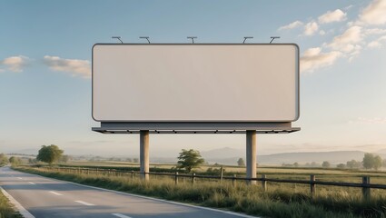 Obraz premium Empty billboard on a rural road at sunrise, showcasing a blank advertising space.