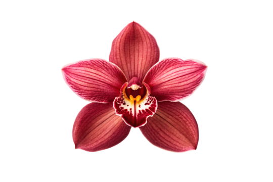 Deep red orchid flower with burgundy petals white spotted center and yellow pistil, isolated on a transparent background