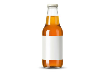 Bottled orange liquid with a blank white label and silver cap stands on a white surface casting a shadow
