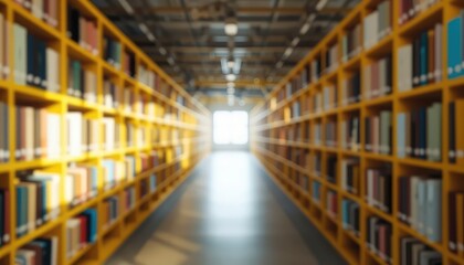 Fototapeta premium Endless yellow bookshelves filled with a variety of books line a hall leading to a distant, bright light