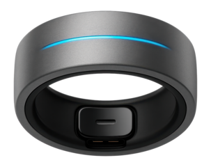 Pulse detecting ring with a matte grey titanium surface and a hidden USB charging port