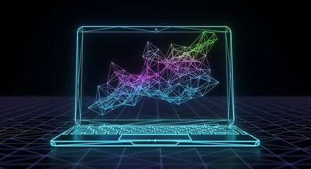Abstract glowing neon data visualization on a futuristic laptop screen against a dark background