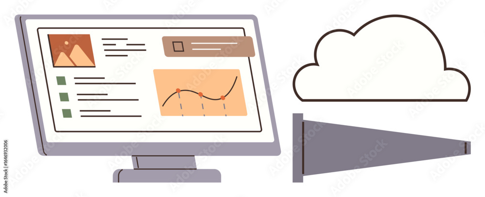Poster computer monitor displays analytics data and charts with a cloud icon and a file upload symbol. idea