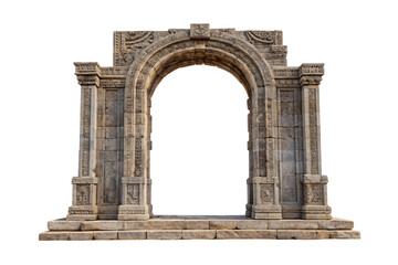 Elaborate carved stone archway with decorative columns and detailed ornamental stonework architecture, isolated on a transparent background