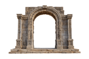 Elaborate carved stone archway with decorative columns and detailed ornamental stonework architecture, isolated on a transparent background