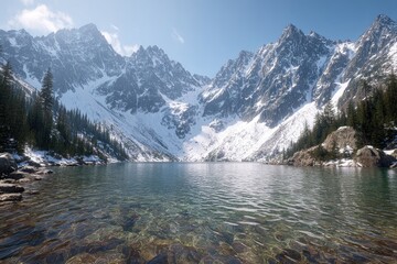 Naklejka premium Snow-capped mountains surround a tranquil alpine lake