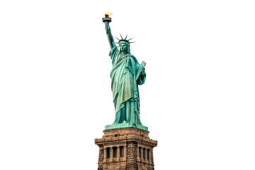 Statue of Liberty standing majestically on pedestal displaying American freedom and democratic values symbol, isolated on a transparent background