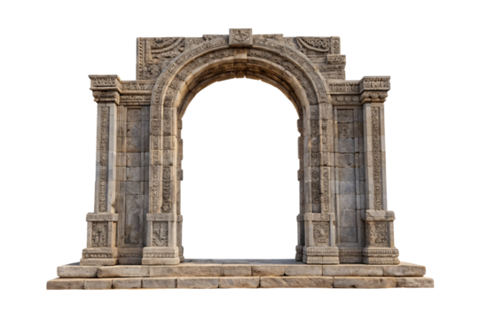 Elaborate carved stone archway with decorative columns and detailed ornamental stonework architecture, isolated on a transparent background