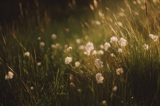 Delicate wildflowers in a grassy field, bathed in golden sunlight