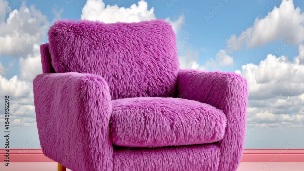 Poster vibrant pink fluffy armchair positioned against a bright blue sky with soft clouds, showcasing its p