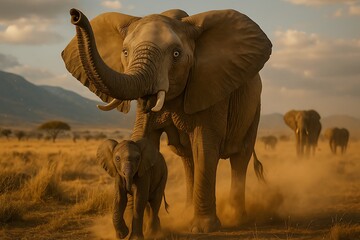 Obraz premium Majestic Elephant Mother and Baby Walking Through Savanna at Sunset in Natural Wildlife Scene