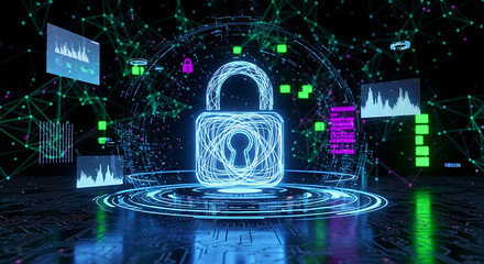 Glowing digital padlock secured on a futuristic circuit board with holographic displays in a dark environment