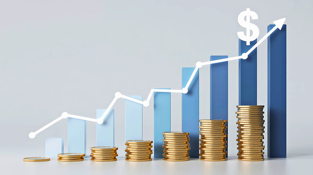 Financial growth concept with a rising bar chart and increasing stacks of gold coins representing profit and investment success - Powered by Adobe