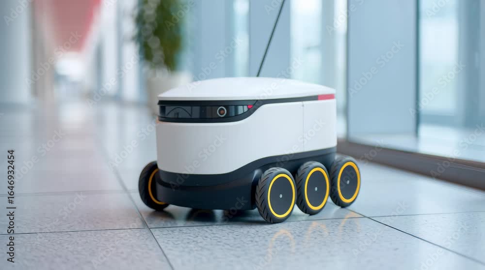 Poster delivery robot navigates a modern corridor in a high-tech environment at daytime showcasing advanced