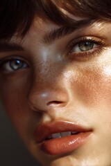 Fototapeta premium Close-up portrait of a woman with radiant makeup.