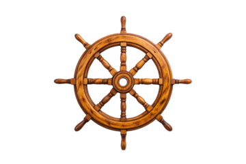 Classic maritime helm wheel crafted from polished wood with decorative turned spokes, isolated on a transparent background
