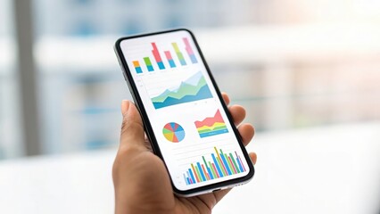 Many colorful charts and financial graphs with smartphone — highlighting digital accounting and analytics
