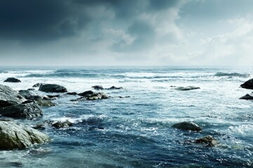 Stormy seas lapping at rocky shore