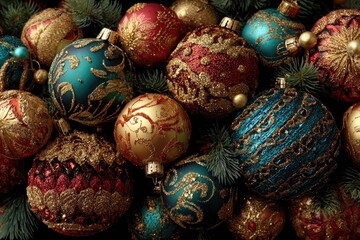 Festive Holiday Ornaments Closeup