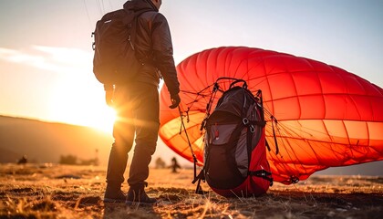 Paraglider preparation at sunset