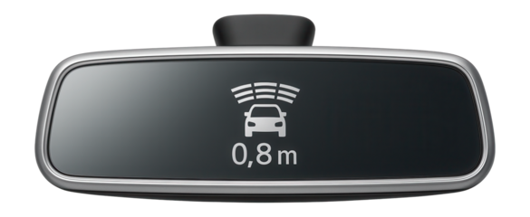 Rearview mirror with embedded parking sensors display and distance indicators