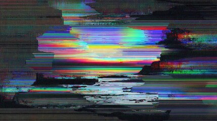 Abstract digital glitch art landscape with vibrant colors and horizontal lines