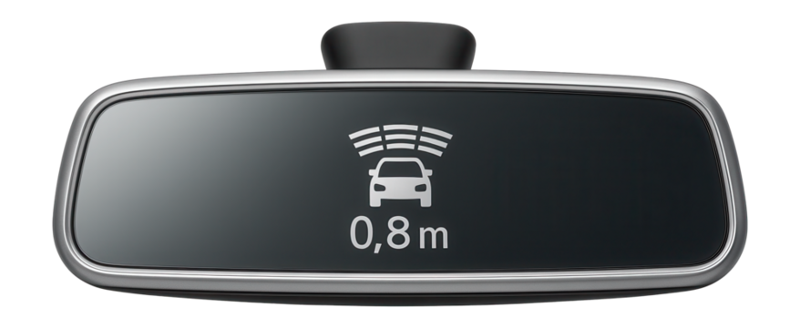 Rearview mirror with embedded parking sensors display and distance indicators