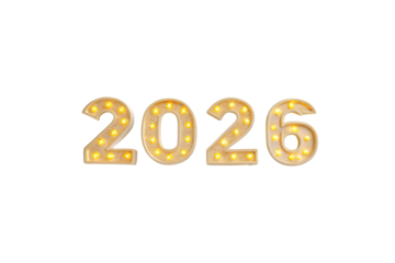 Golden illuminated 2026 numbers with bright LED lights creating festive celebration display lettering, isolated on a transparent background
