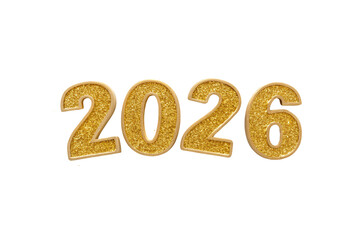 Elegant gold glitter 2026 numbers with sparkling metallic finish for New Year celebration design, isolated on a transparent background