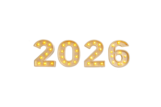 Golden illuminated 2026 numbers with bright LED lights creating festive celebration display lettering, isolated on a transparent background