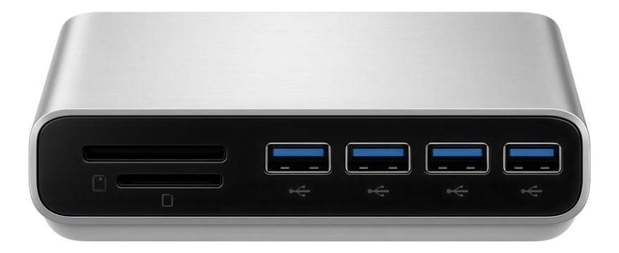 USB hub with a built-in SD card reader and a brushed metal surface