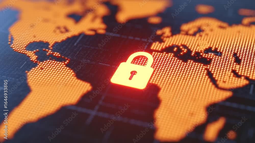 Aufkleber cybersecurity global network internet security data protection digital lock concept glowing orange l