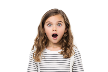 Young blonde girl in striped shirt displaying shocked surprise with wide eyes and mouth, isolated on a transparent background