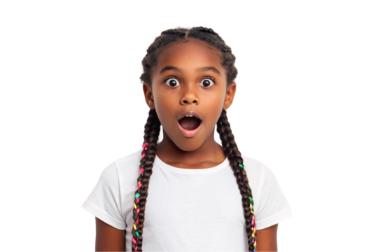 Young Black girl with colorful braided pigtails showing surprised excited expression with wide eyes, isolated on a transparent background
