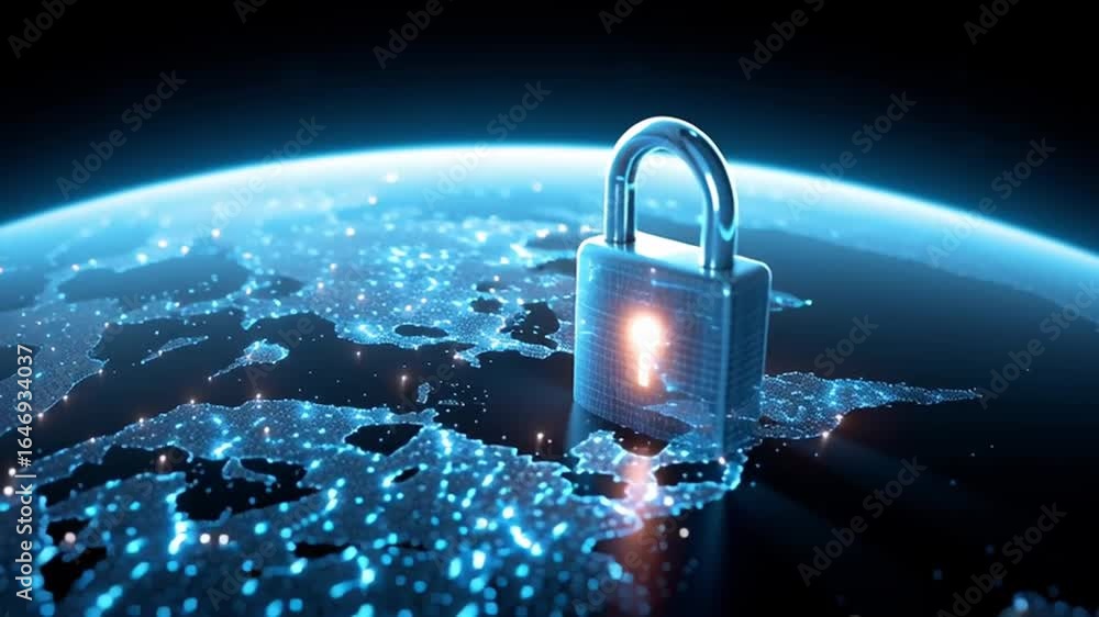 Poster cybersecurity global network internet security data protection digital lock glowing earth symbolizin