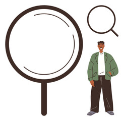 Oversized magnifying glass with young man in casual attire. Ideal for research, analysis, discovery, focus, curiosity, inspection, career search. Simple flat metaphor
